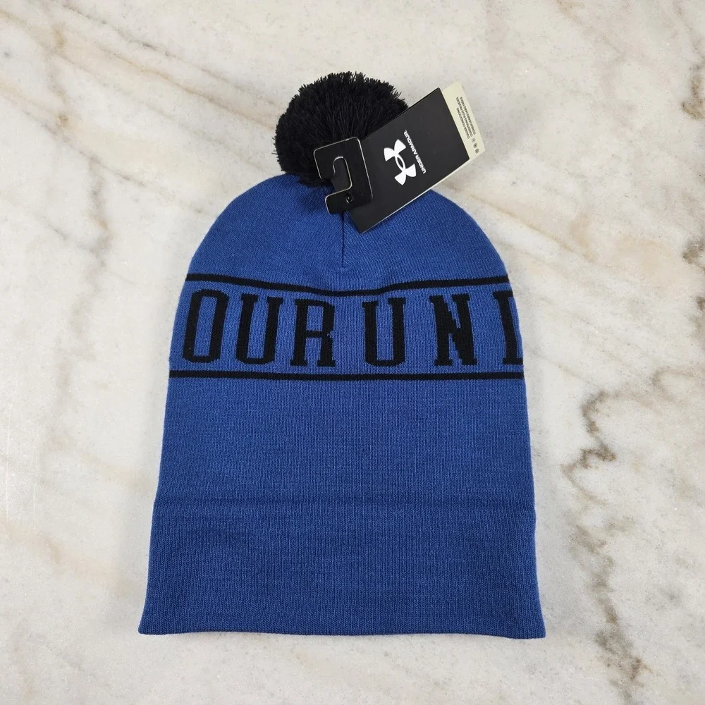 Under Armour Cuffed Fold Beanie Logo Winter Pom Athletic Royal Blue Men's OSFM